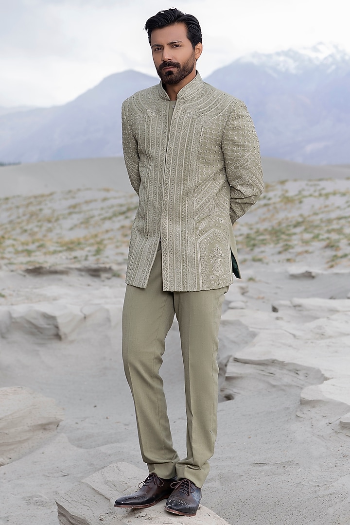 Green Poly Knit Hand Embroidered Short Wedding Indowestern Set by AMIT ARORA at Pernia's Pop Up Shop