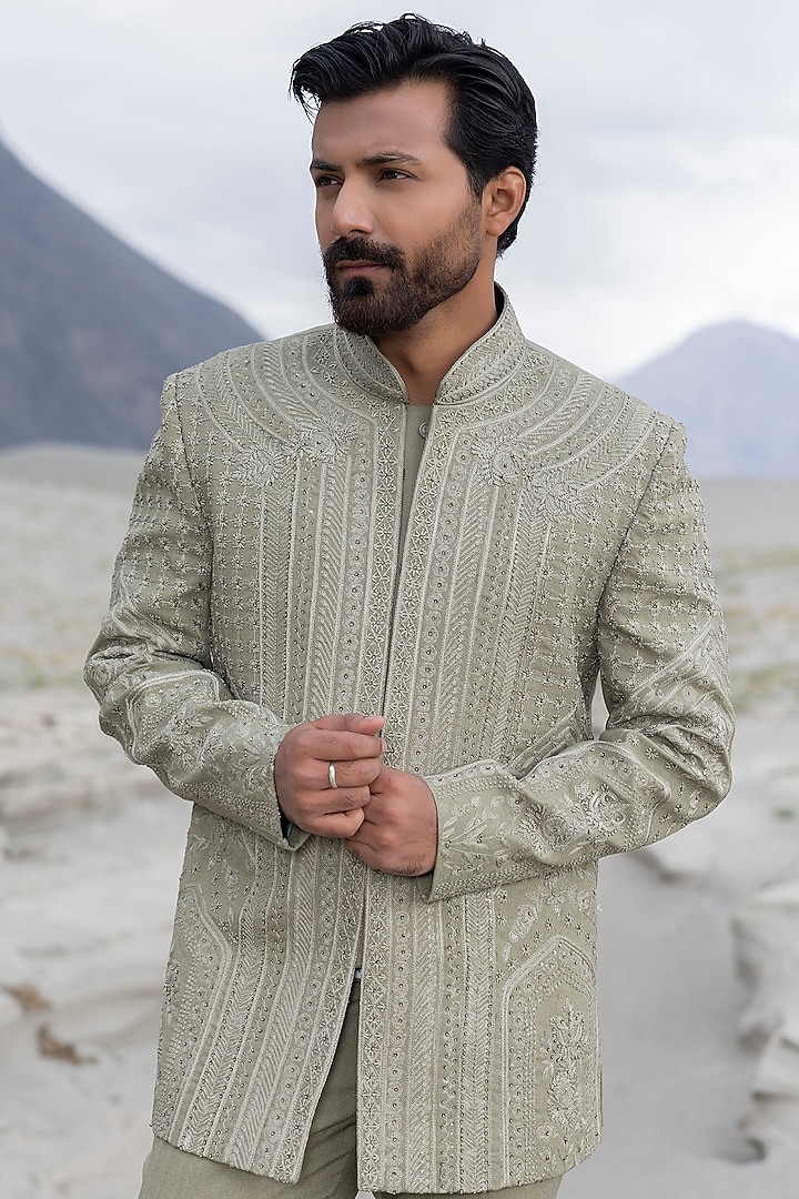Green Poly Knit Hand Embroidered Short Wedding Indowestern Set by AMIT ARORA at Pernia's Pop Up Shop