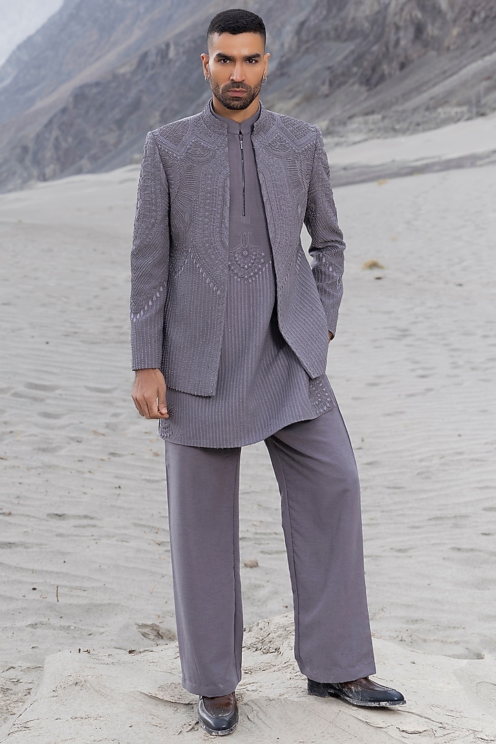 Grey Cupro Hand Embroidered Groom Indowestern Set by AMIT ARORA at Pernia's Pop Up Shop