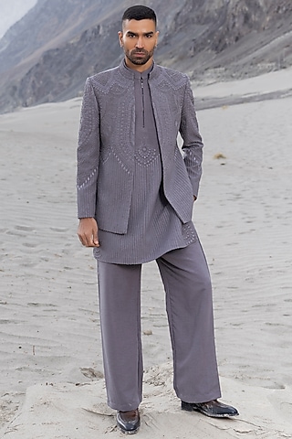 Grey Cupro Hand Embroidered Indowestern Set by AMIT ARORA