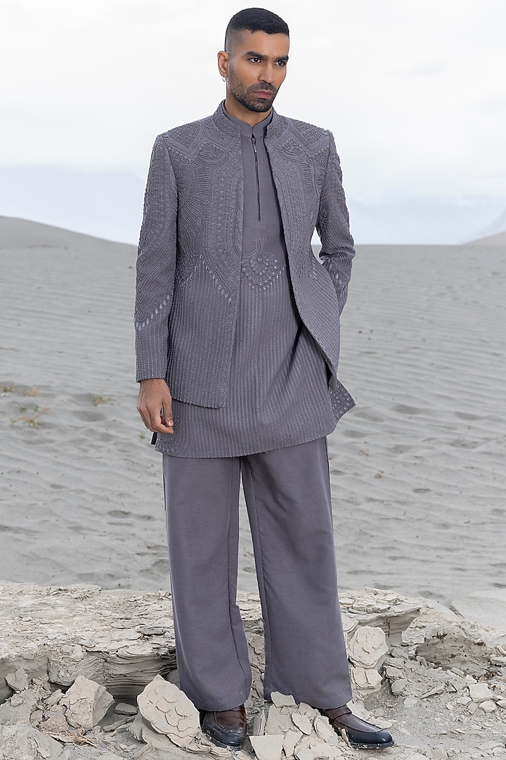 Grey Cupro Hand Embroidered Groom Indowestern Set by AMIT ARORA at Pernia's Pop Up Shop