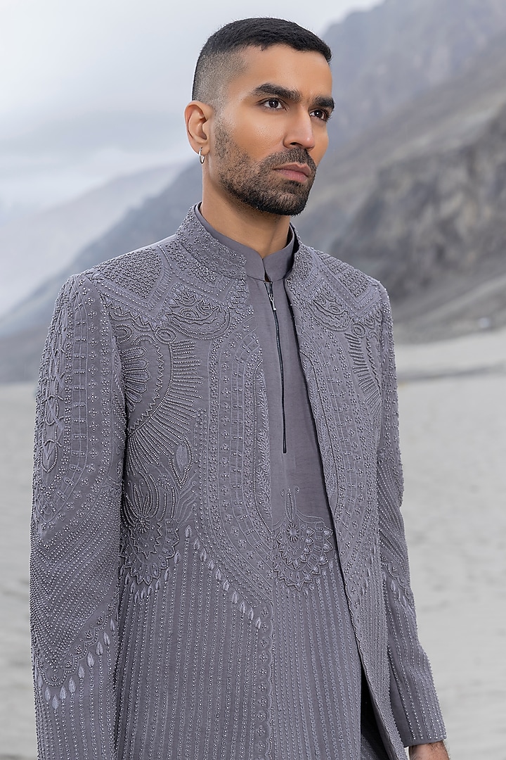 Grey Cupro Hand Embroidered Groom Indowestern Set by AMIT ARORA at Pernia's Pop Up Shop