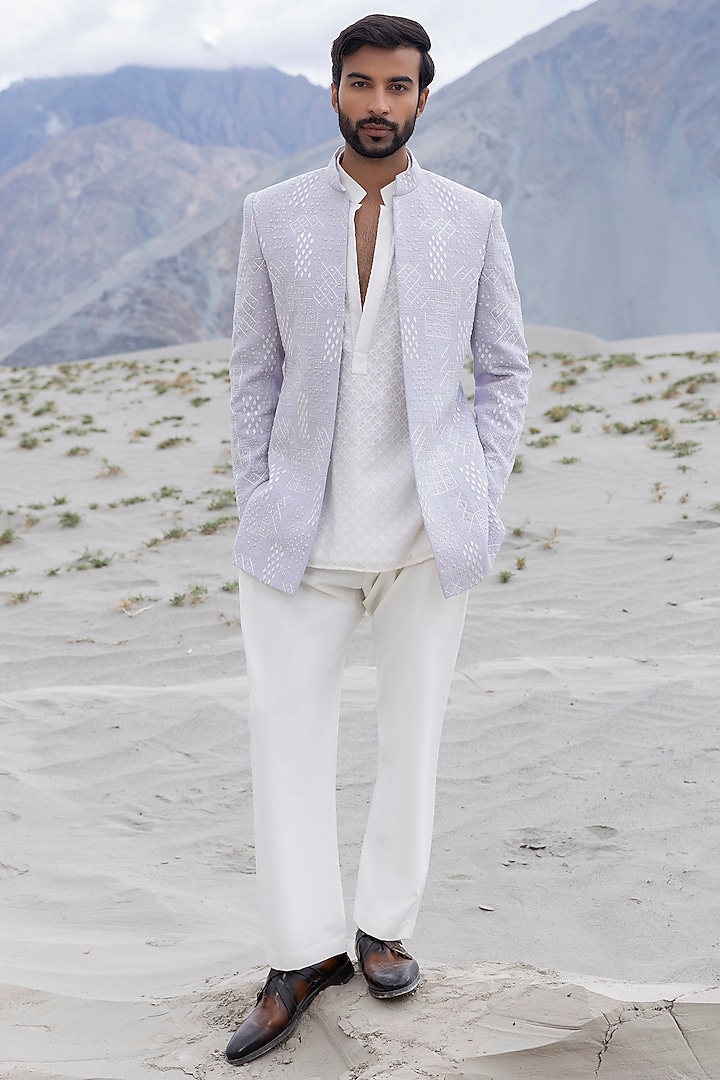 Lilac Knit Hand Embroidered Short Wedding Indowestern Jacket Set by AMIT ARORA at Pernia's Pop Up Shop
