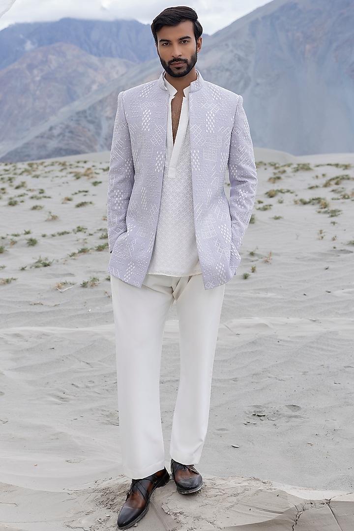 Lilac Knit Hand Embroidered Short Wedding Indowestern Jacket Set by AMIT ARORA at Pernia's Pop Up Shop