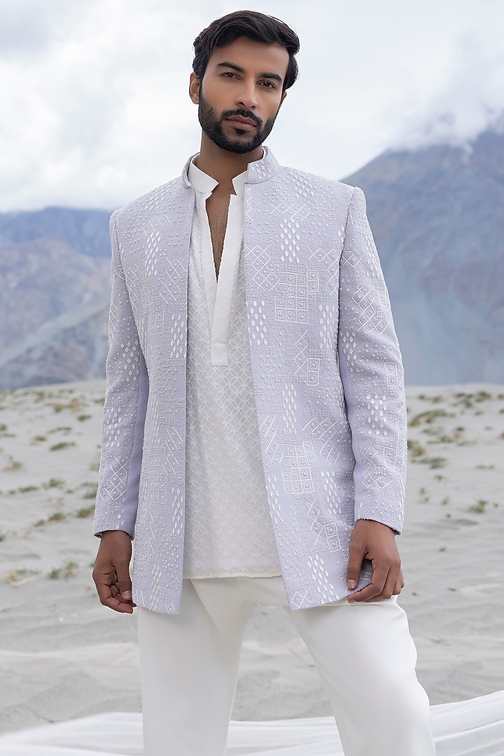 Lilac Knit Hand Embroidered Short Wedding Indowestern Jacket Set by AMIT ARORA at Pernia's Pop Up Shop