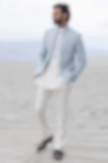 Sky Blue Silk Jacquard Hand Embroidered Wedding Indowestern Set by AMIT ARORA at Pernia's Pop Up Shop