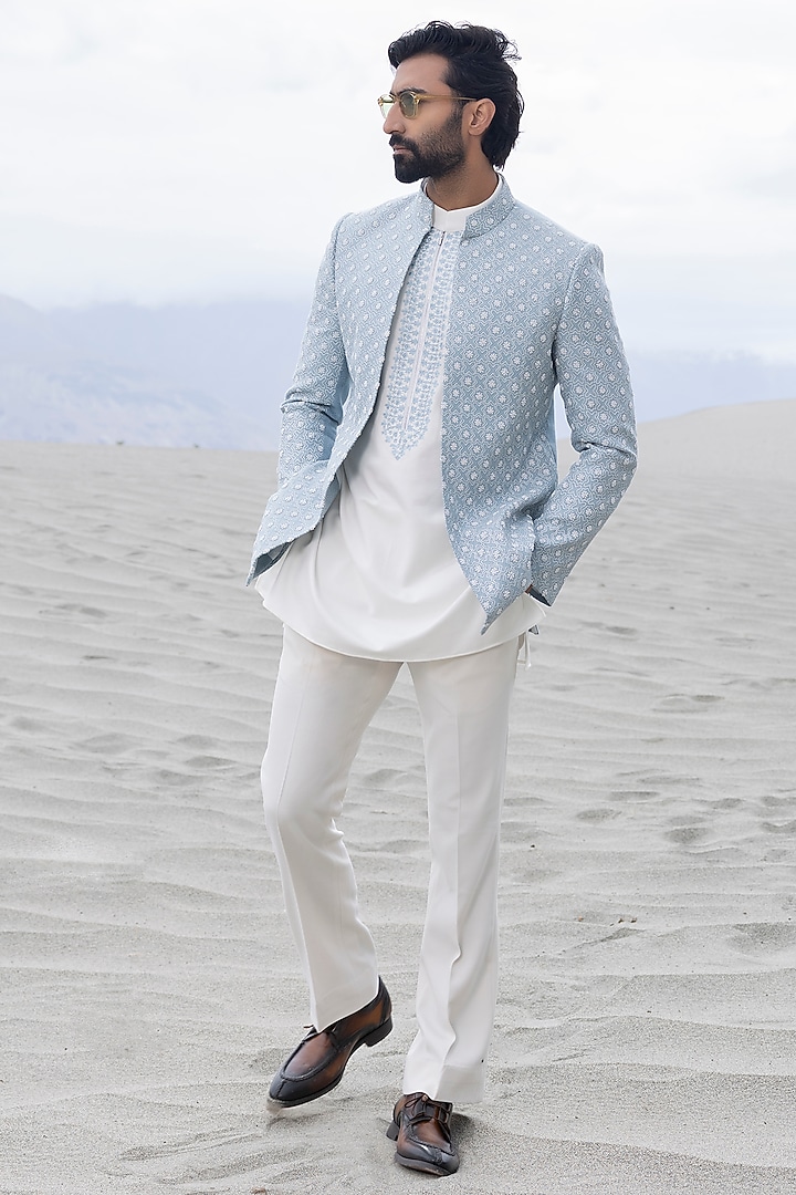 Sky Blue Silk Jacquard Hand Embroidered Wedding Indowestern Set by AMIT ARORA at Pernia's Pop Up Shop