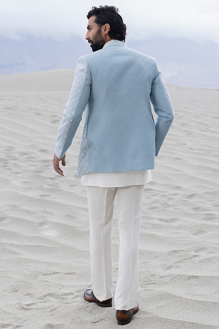 Sky Blue Silk Jacquard Hand Embroidered Wedding Indowestern Set by AMIT ARORA at Pernia's Pop Up Shop