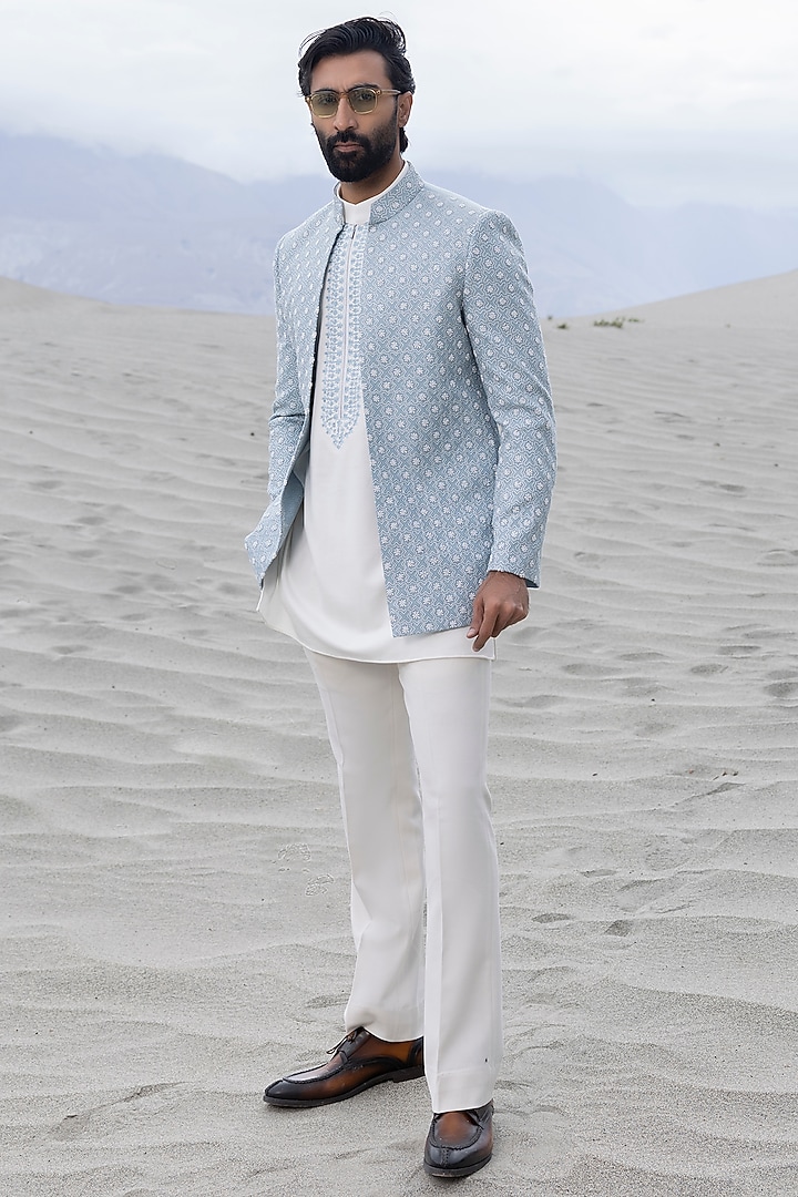 Sky Blue Silk Jacquard Hand Embroidered Wedding Indowestern Set by AMIT ARORA at Pernia's Pop Up Shop