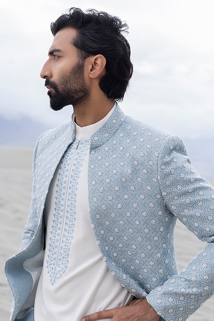 Sky Blue Silk Jacquard Hand Embroidered Wedding Indowestern Set by AMIT ARORA at Pernia's Pop Up Shop