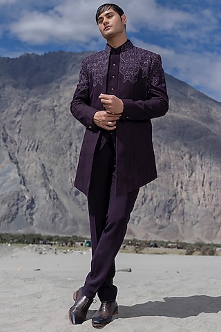 Purple Crochet Hand Embroidered Open-Indowestern Set by AMIT ARORA