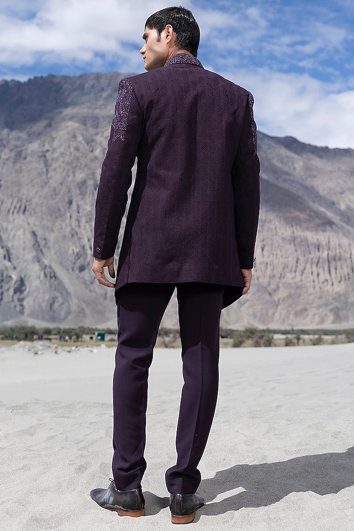 Purple Crochet Hand Embroidered Open-Wedding Indowestern Set by AMIT ARORA at Pernia's Pop Up Shop