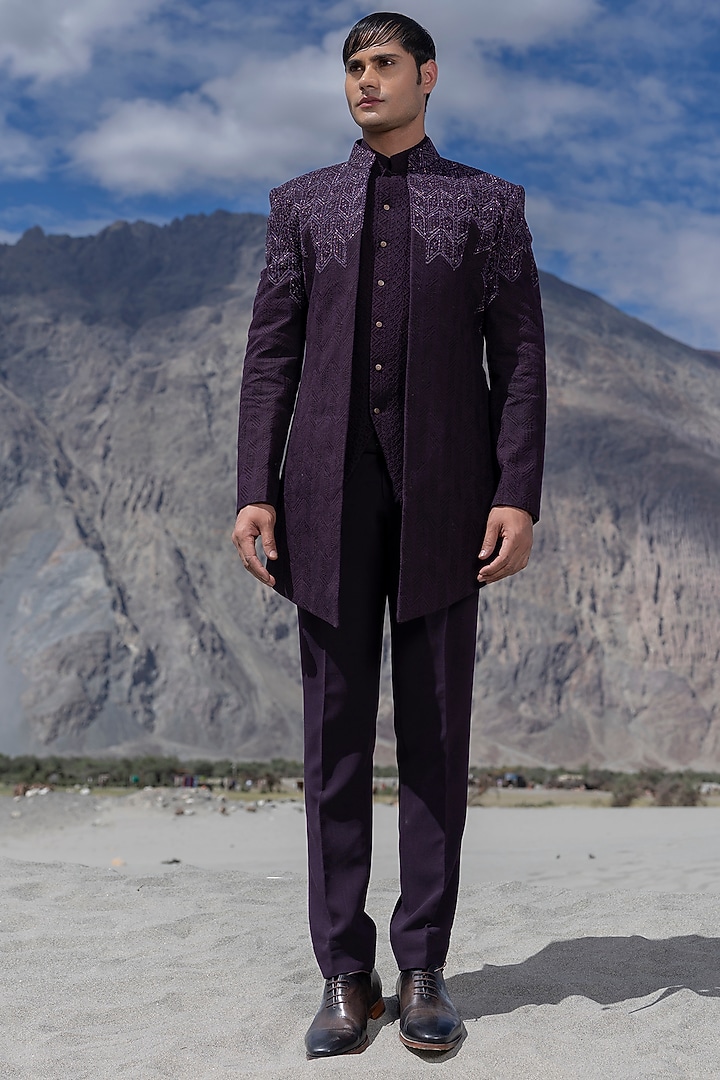 Purple Crochet Hand Embroidered Open-Wedding Indowestern Set by AMIT ARORA at Pernia's Pop Up Shop