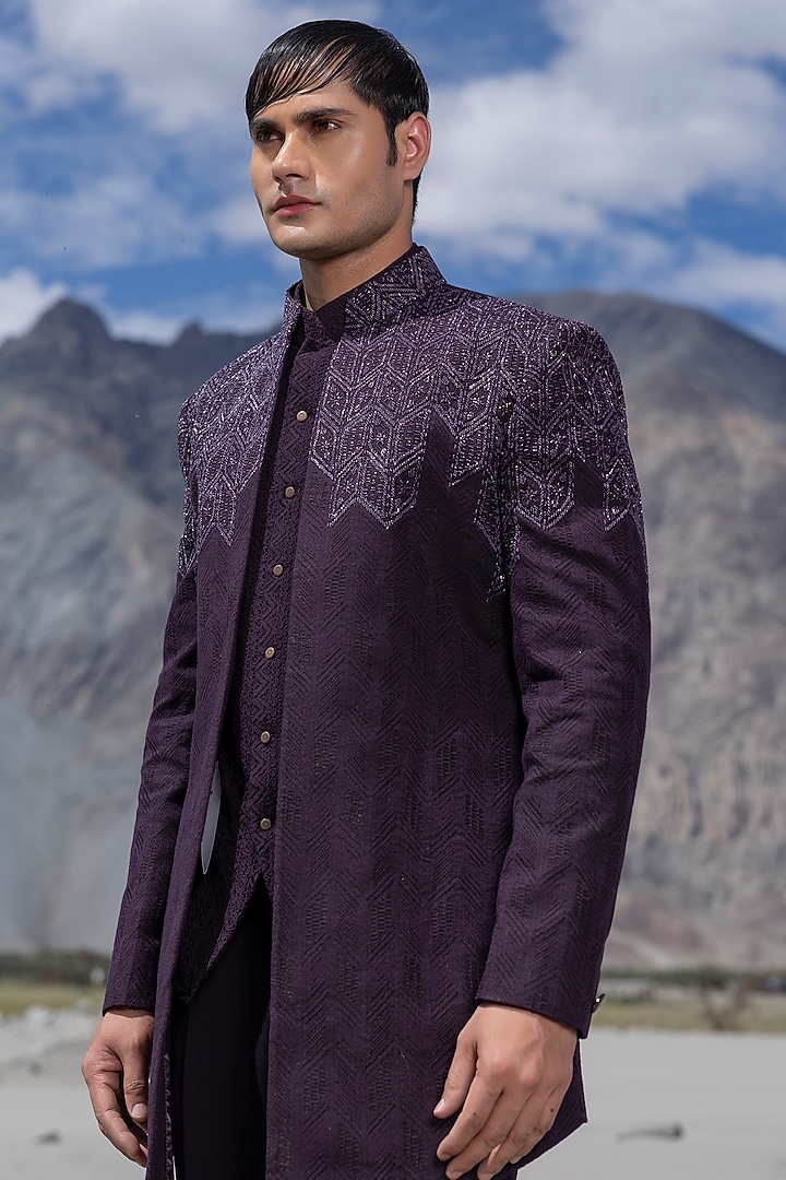 Purple Crochet Hand Embroidered Open-Wedding Indowestern Set by AMIT ARORA at Pernia's Pop Up Shop