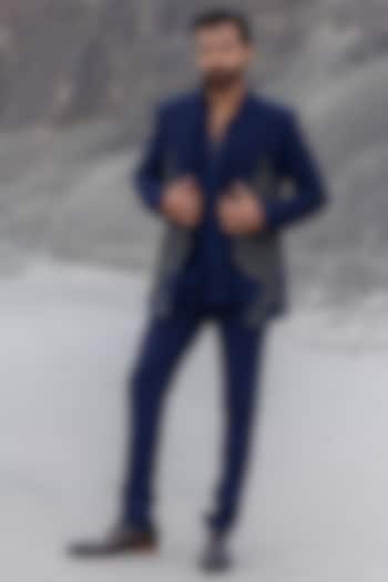 Navy Blue Crochet Hand Embroidered Front-Open Wedding Indowestern Set by AMIT ARORA at Pernia's Pop Up Shop