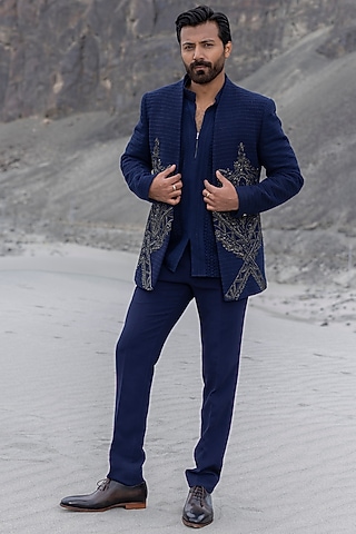 Navy Blue Crochet Hand Embroidered Front-Open Indowestern Set by AMIT ARORA