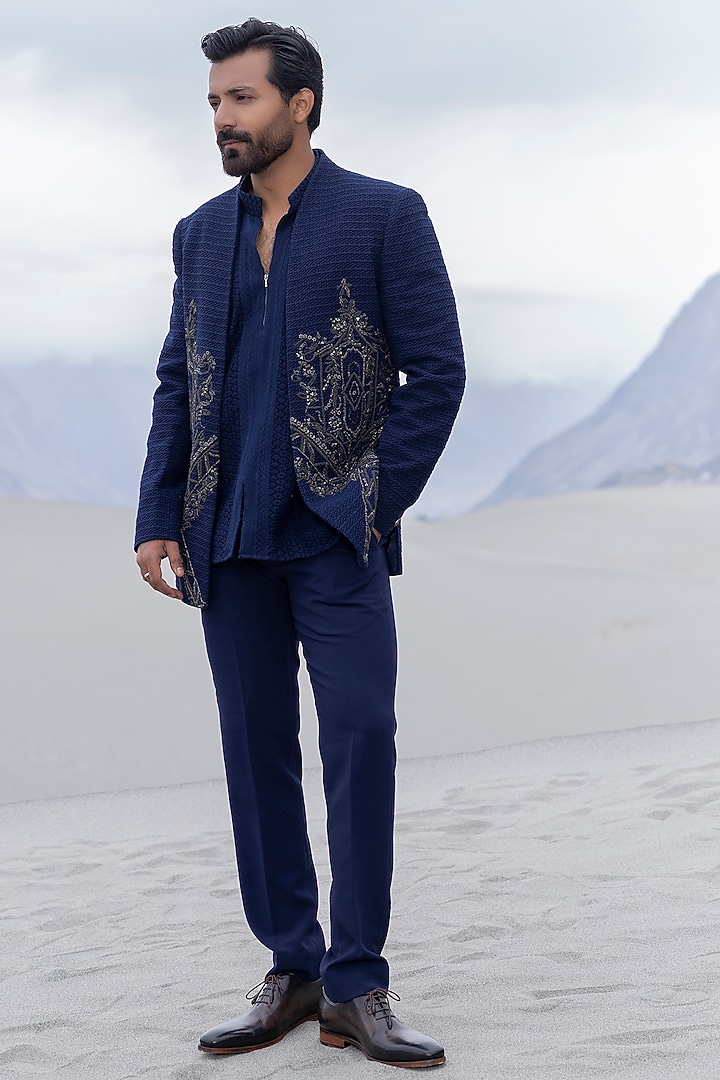 Navy Blue Crochet Hand Embroidered Front-Open Wedding Indowestern Set by AMIT ARORA at Pernia's Pop Up Shop