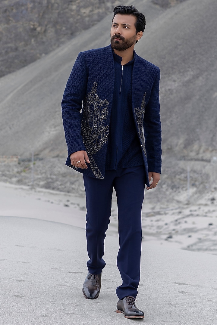 Navy Blue Crochet Hand Embroidered Front-Open Wedding Indowestern Set by AMIT ARORA at Pernia's Pop Up Shop