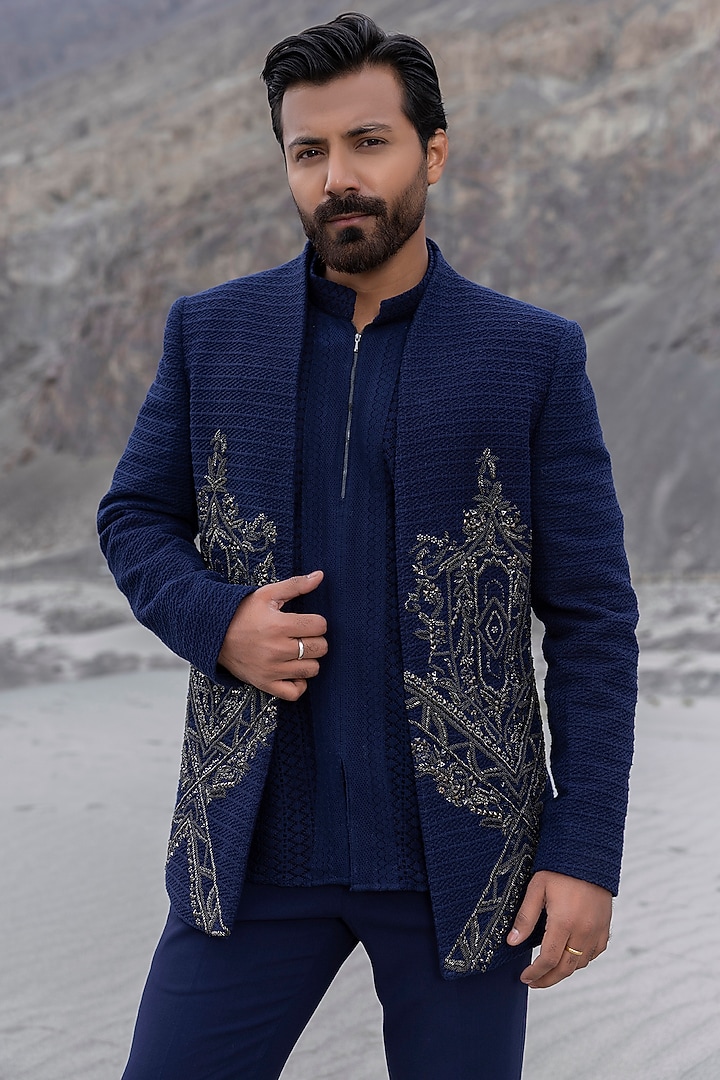Navy Blue Crochet Hand Embroidered Front-Open Wedding Indowestern Set by AMIT ARORA at Pernia's Pop Up Shop