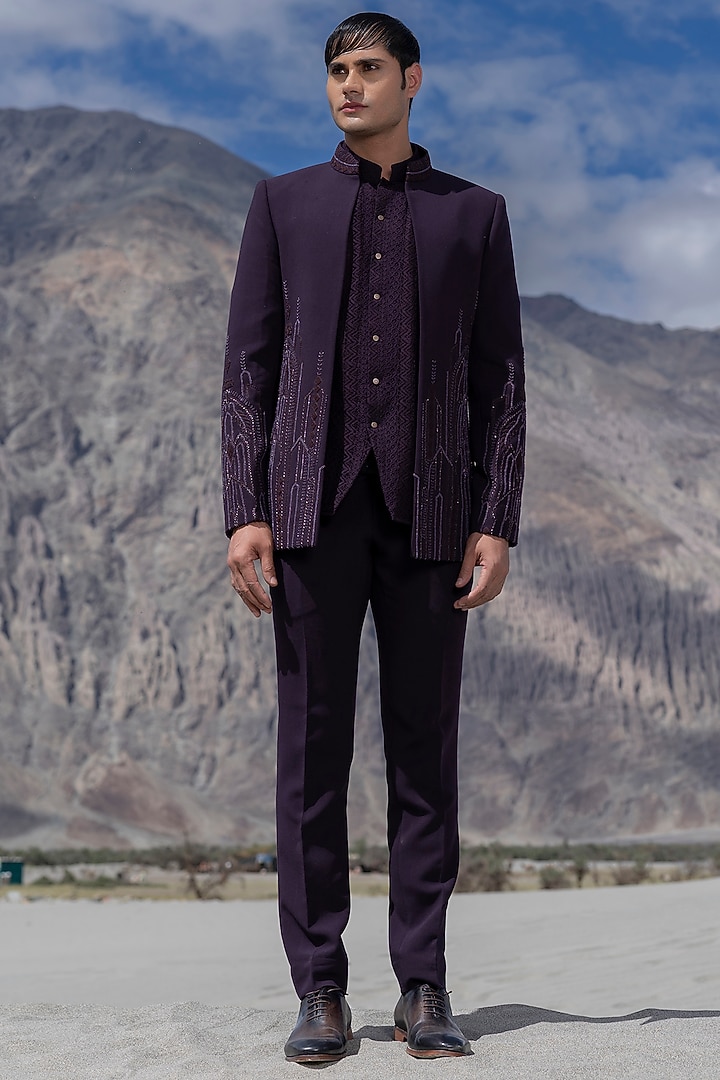 Purple Poly Knit Hand Embroidered Front-Open Indowestern Set by AMIT ARORA