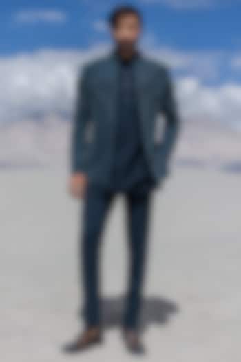 Turquoise Poly Knit Embroidered Front-Open Wedding Indowestern Set by AMIT ARORA at Pernia's Pop Up Shop