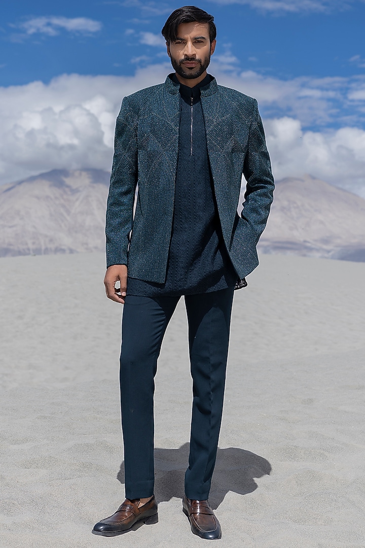 Turquoise Poly Knit Embroidered Front-Open Wedding Indowestern Set by AMIT ARORA at Pernia's Pop Up Shop