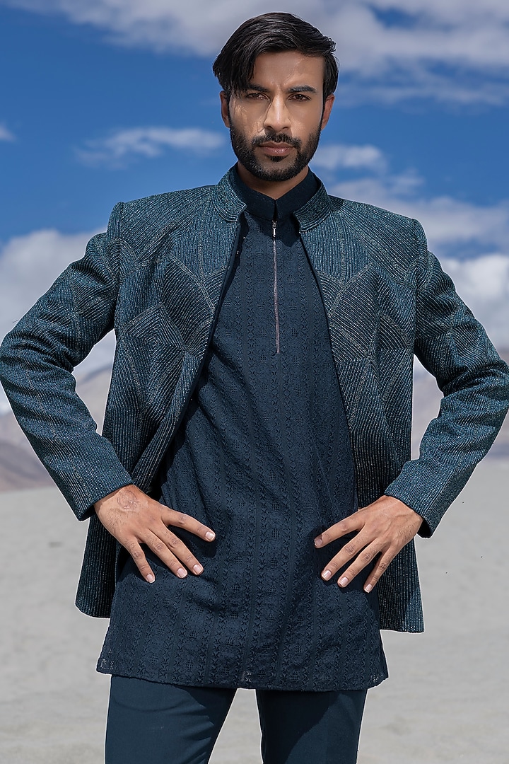 Turquoise Poly Knit Embroidered Front-Open Wedding Indowestern Set by AMIT ARORA at Pernia's Pop Up Shop