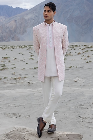 Pink Textured Poly Knit Hand Embroidered Short Indowestern Set by AMIT ARORA