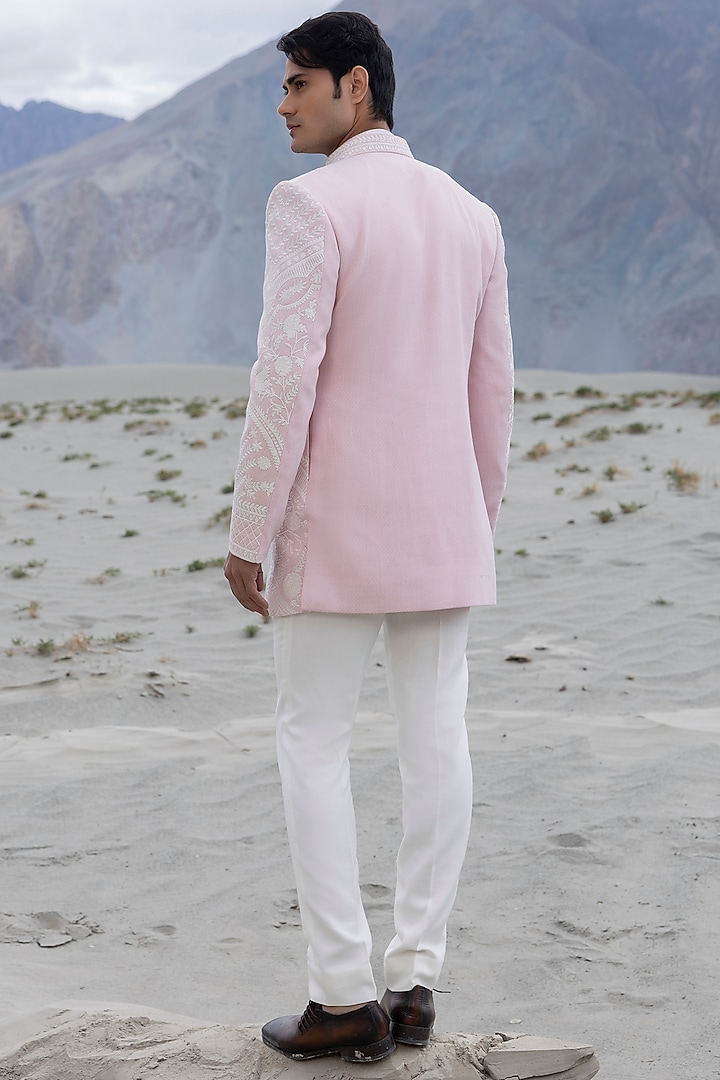 Pink Textured Poly Knit Hand Embroidered Short Wedding Indowestern Set by AMIT ARORA at Pernia's Pop Up Shop