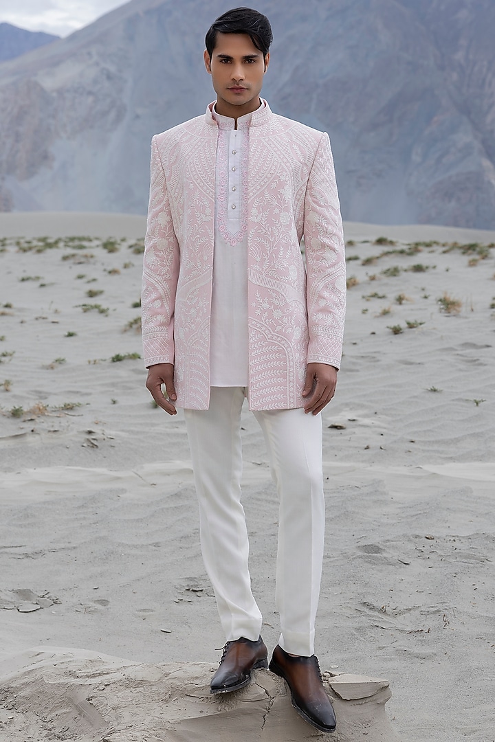 Pink Textured Poly Knit Hand Embroidered Short Wedding Indowestern Set by AMIT ARORA at Pernia's Pop Up Shop