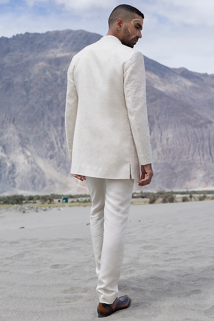 Beige Poly Linen Hand Embroidered Short Groom Indowestern Set by AMIT ARORA at Pernia's Pop Up Shop