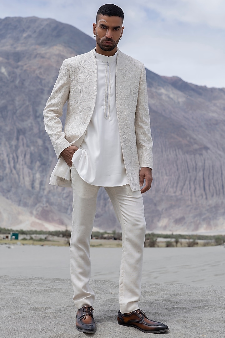 Beige Poly Linen Hand Embroidered Short Groom Indowestern Set by AMIT ARORA at Pernia's Pop Up Shop