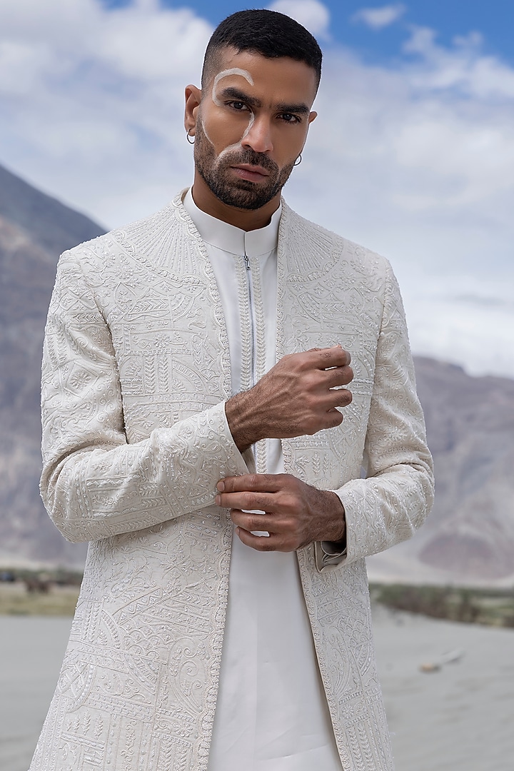 Beige Poly Linen Hand Embroidered Short Groom Indowestern Set by AMIT ARORA at Pernia's Pop Up Shop