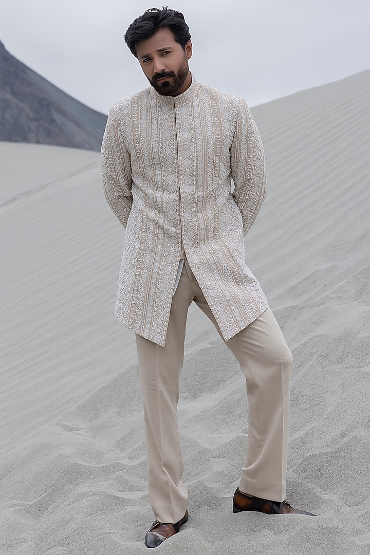 Khaki Tissue Silk Hand Embroidered Groom Indowestern Set by AMIT ARORA at Pernia's Pop Up Shop