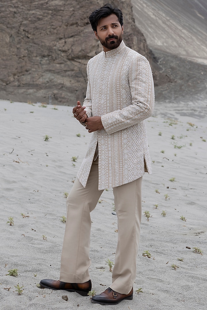 Khaki Tissue Silk Hand Embroidered Groom Indowestern Set by AMIT ARORA at Pernia's Pop Up Shop