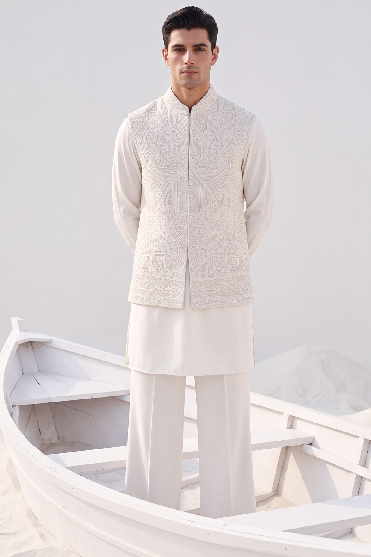 AMIT ARORA Beige Rayon Hand Embroidered Textured Bundi Jacket Set