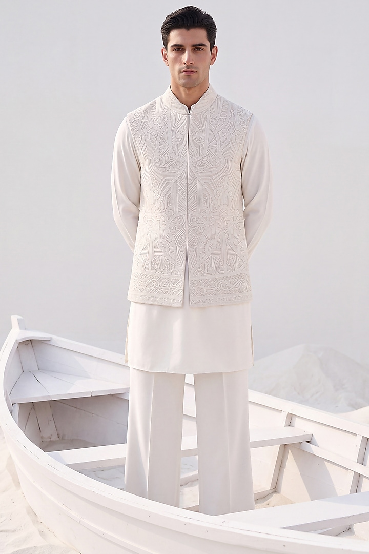 Beige Rayon Hand Embroidered Textured Bundi Jacket Set by AMIT ARORA at Pernia's Pop Up Shop