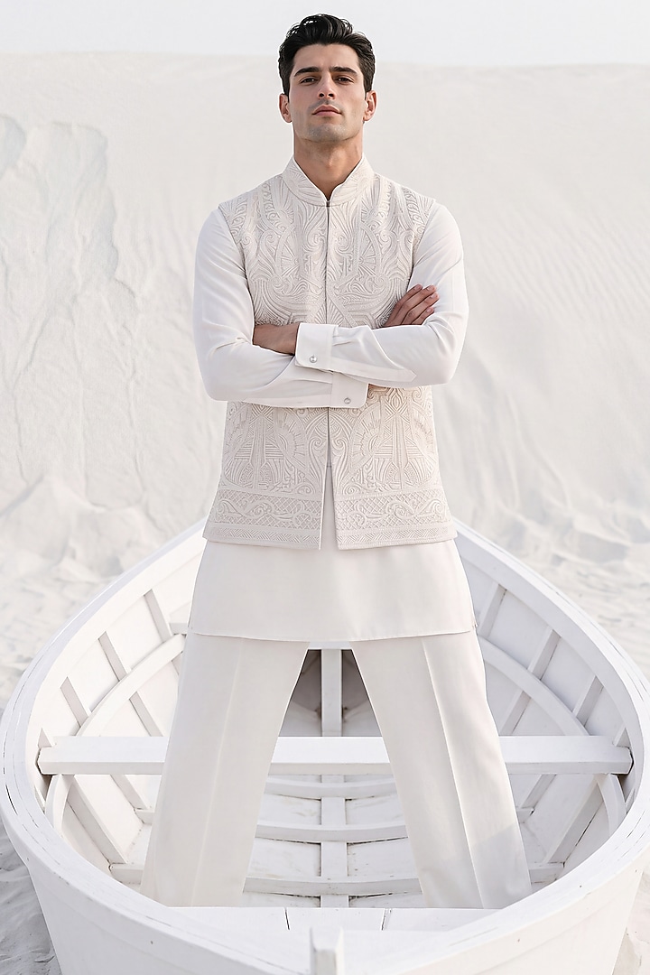 Beige Rayon Hand Embroidered Textured Bundi Jacket Set by AMIT ARORA at Pernia's Pop Up Shop