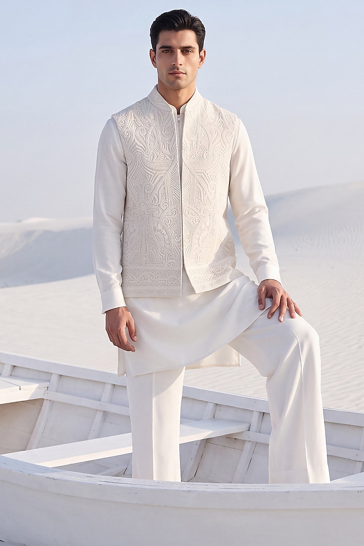 Beige Rayon Hand Embroidered Textured Bundi Jacket Set by AMIT ARORA at Pernia's Pop Up Shop