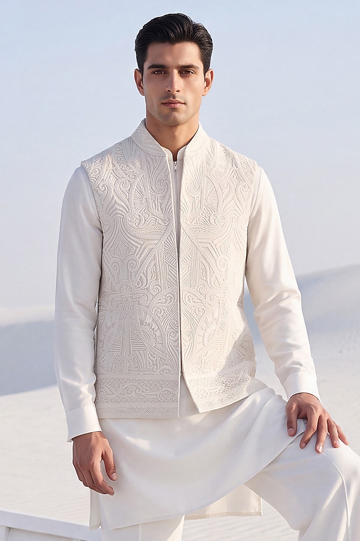 Beige Rayon Hand Embroidered Textured Bundi Jacket Set by AMIT ARORA at Pernia's Pop Up Shop