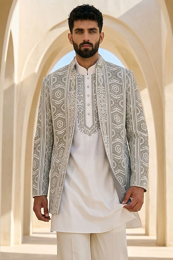 Sage Green Rayon Embroidered Wedding Indowestern Set by AMIT ARORA at Pernia's Pop Up Shop