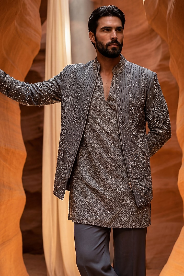 Olive Green Linen Rayon Metallic Embroidered Groom Indowestern Set by AMIT ARORA at Pernia's Pop Up Shop