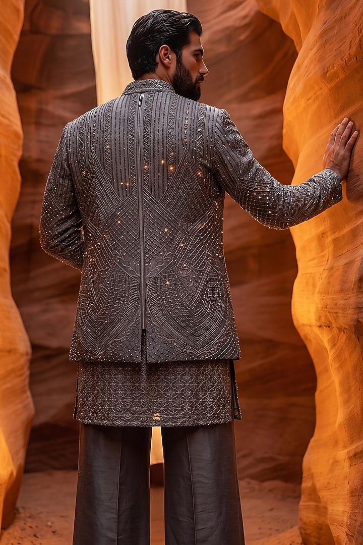Olive Green Linen Rayon Metallic Embroidered Groom Indowestern Set by AMIT ARORA at Pernia's Pop Up Shop