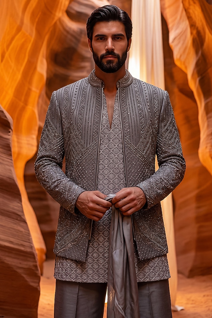 Olive Green Linen Rayon Metallic Embroidered Groom Indowestern Set by AMIT ARORA at Pernia's Pop Up Shop