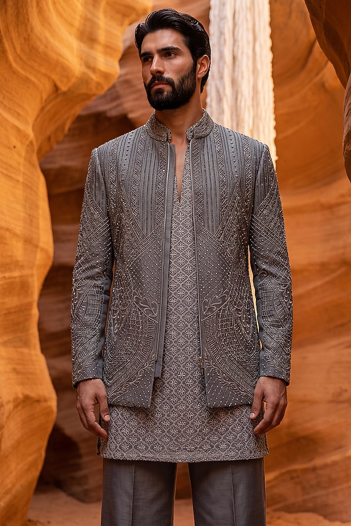 Olive Green Linen Rayon Metallic Embroidered Groom Indowestern Set by AMIT ARORA at Pernia's Pop Up Shop
