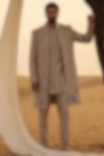 Khaki Linen Rayon Silk Embroidered Groom Indowestern Set by AMIT ARORA at Pernia's Pop Up Shop