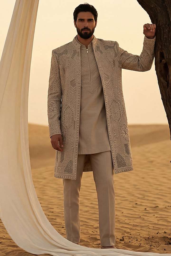Khaki Linen Rayon Silk Embroidered Groom Indowestern Set by AMIT ARORA at Pernia's Pop Up Shop
