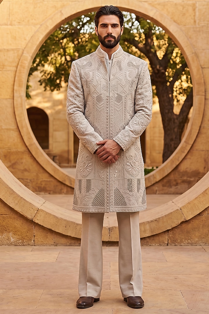 Khaki Linen Rayon Silk Embroidered Groom Indowestern Set by AMIT ARORA at Pernia's Pop Up Shop