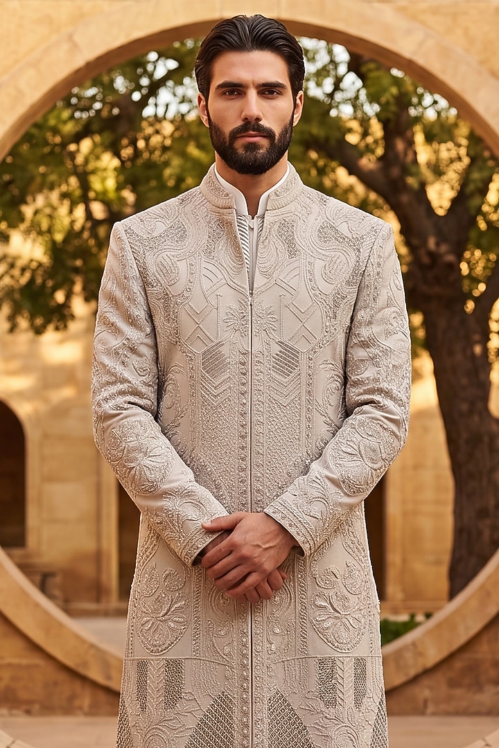 Khaki Linen Rayon Silk Embroidered Groom Indowestern Set by AMIT ARORA at Pernia's Pop Up Shop