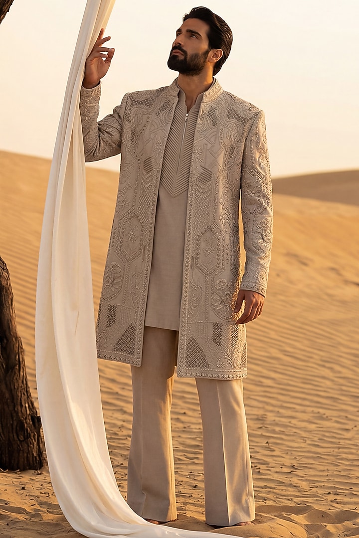 Khaki Linen Rayon Silk Embroidered Groom Indowestern Set by AMIT ARORA at Pernia's Pop Up Shop